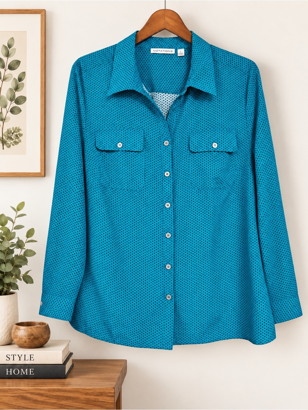 Notations Teal Black Polka Dot Button Front Blouse Tab Sleeve L Career Preppy